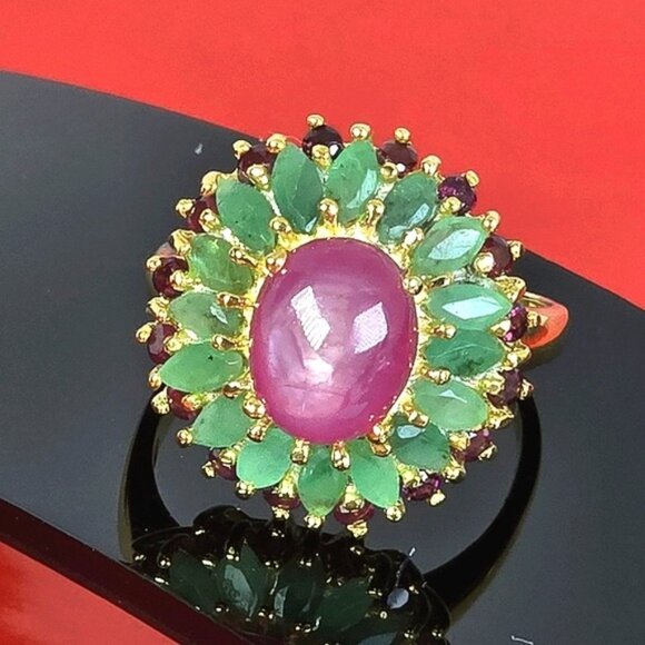 925 Sterling Silver Ring SZ 8.25 with Natural Ruby, Emerald & Garnet Gemstones - Picture 2 of 8